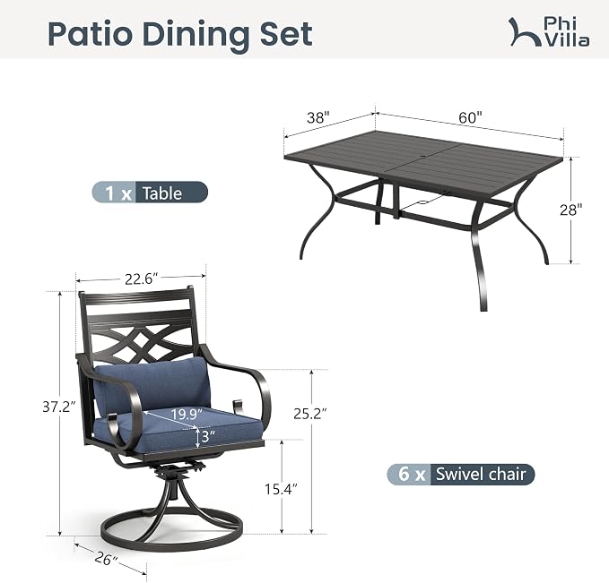 PHI VILLA Patio Dining Set, Swivel Chairs, Metal Table | Metal chairs, Blue Cushion, Umbrella Hole, Cushions, E-coated
