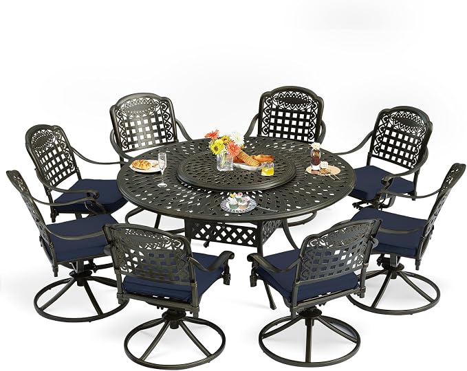 9-Piece Patio Furniture Dining Set, Cast Aluminum Outdoor Conversation Set- 61" Round Patio Dining Table with Detachable Lazy Susan & 8 Cushioned Swivel Rocker, Umbrella Hole, Navy Blue