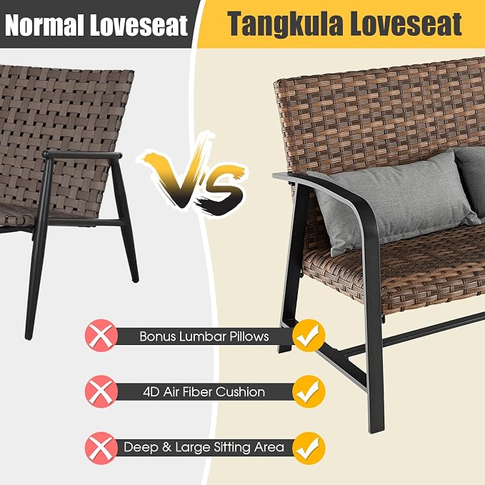 Tangkula 2 Pieces Patio Wicker Furniture Set with 4D Air Fiber Quick Dry Cushion, Outdoor Loveseat and Coffee Table Set with DPC Tabletop and Lumbar Pillows, Patio Conversation Set