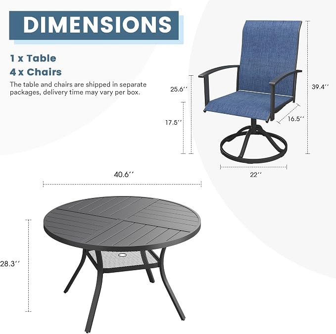 DIFY 5 Pieces Outdoor Dining Set, Metal Patio Table and Chairs Set for 4 with Umbrella Hole, 40.6" Black Round Table and Blue Textilene Swivel Patio Chairs for Garden, Backyard, Poolside