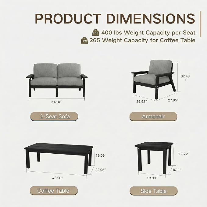 Kingdura HDPE Patio Furniture Set, 3 Piece Outdoor Sectional Sofa with Coffee Table, All Weather Outdoor Couch Conversation Set with Washable Cushions for Backyard Poolside Balcony