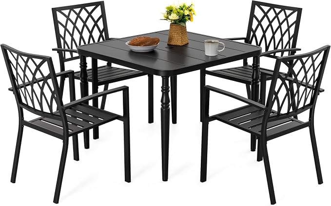 NUU GARDEN 5-Piece Metal Dining Set, 4 Stackable Wide Seat Chairs with 37" Square Table Umbrella Hole, All-Weather Patio Furniture for Backyard Balcony Poolside Lawn Garden,Black