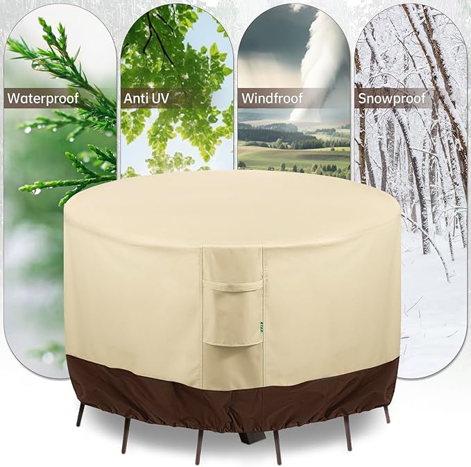 Round Patio Furniture Covers, 78" DIA x 28 H Waterproof Outdoor Furniture Cover for Patio Table & Chair Sets, 600D Heavy-duty UV-Resistant Fade-Proof Protection, Beige & Brown