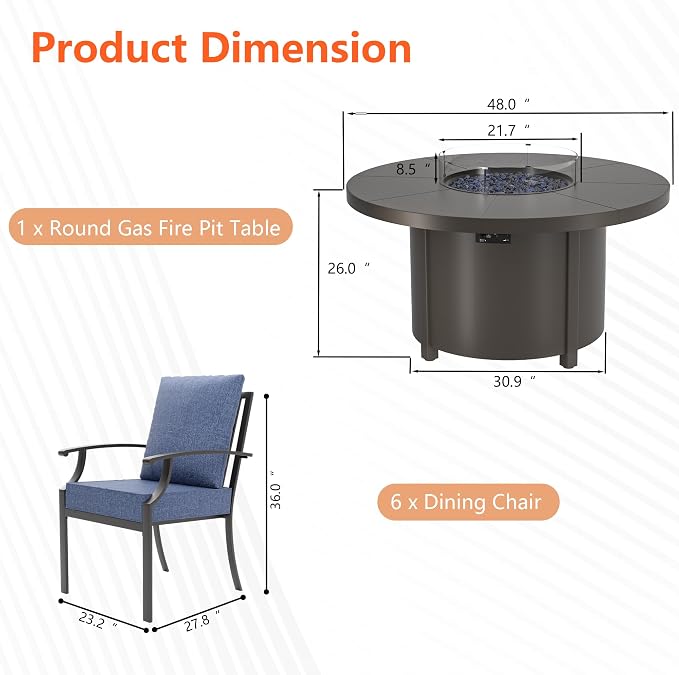 7 Pieces Outdoor Patio Furniture Set with 48" 55000 BTU Round Propane Fire Pit Table,Patio Dining Set Outdoor Conversation Sets 6 Chairs for Deck,Backyard and Garden,Dark Blue