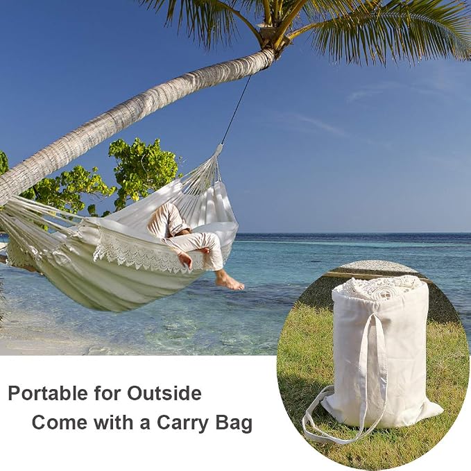 Brazilian Boho Large Fringe Swing Bed - Portable 2 Person Hammock for Patio, Porch, Backyard, Indoor with Carrying Bag, Tree Hammock - Soft Cotton Fabric White