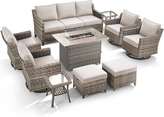 Patio Furniture Set with 42.5" Fire Pit Table-10 Pieces All Weather Wicker Outdoor Furniture with High Back Swivel Patio Chairs Set of 4 Outdoor Patio Conversation for Deck Garden Beige/Gray