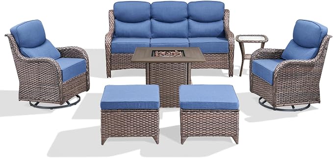 Luxury Patio Furniture Set with 6-inch Thick Cushion, Outdoor Furniture with Fire Pit Table, Swivel Chairs, Sofa, Side Table, Ottomans, 7pcs Wicker Conversation Set (Brown Wicker | Blue Cushion)