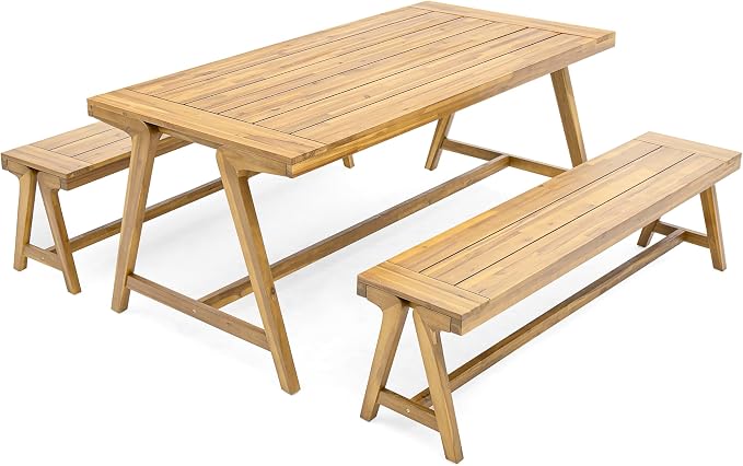 70.75'' Outdoor Patio Dining Table & 2 Bench for 4, Acacia Wood Farmhouse Dining Table Set Outdoor & Indoor Furniture for Patio Porch Garden, 3-Pcs, Teak