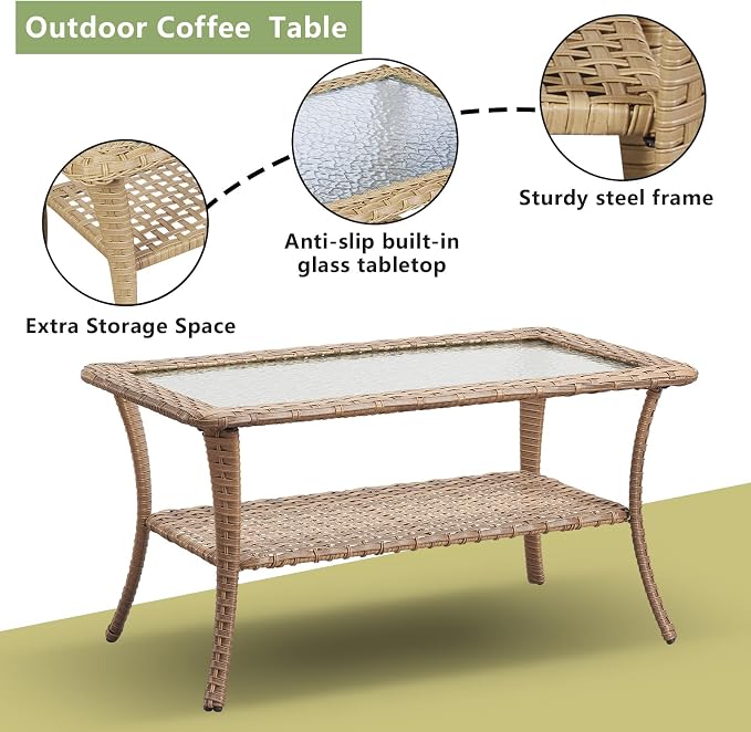 Outdoor Wicker Patio Furniture Set - 6 Piece Rattan Patio Conversation Set with 2 Rocking Swivel Chairs,2 Ottomans,1 Sofa and 1 Coffee Table for Porch Deck Backyard Garden(Yellow/Beige)