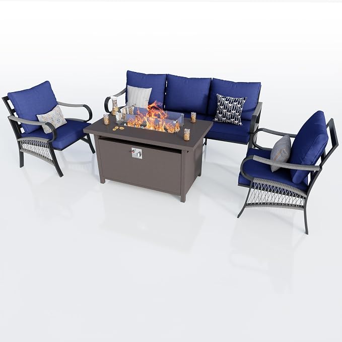4-Piece Outdoor Furniture Set, Patio Conversation Set Include 3-Seater Sofa Couch Single Chairs with Fire Pit Table for Deck, Porch, Garden, Backyard, Poolside (Blue Cushions)
