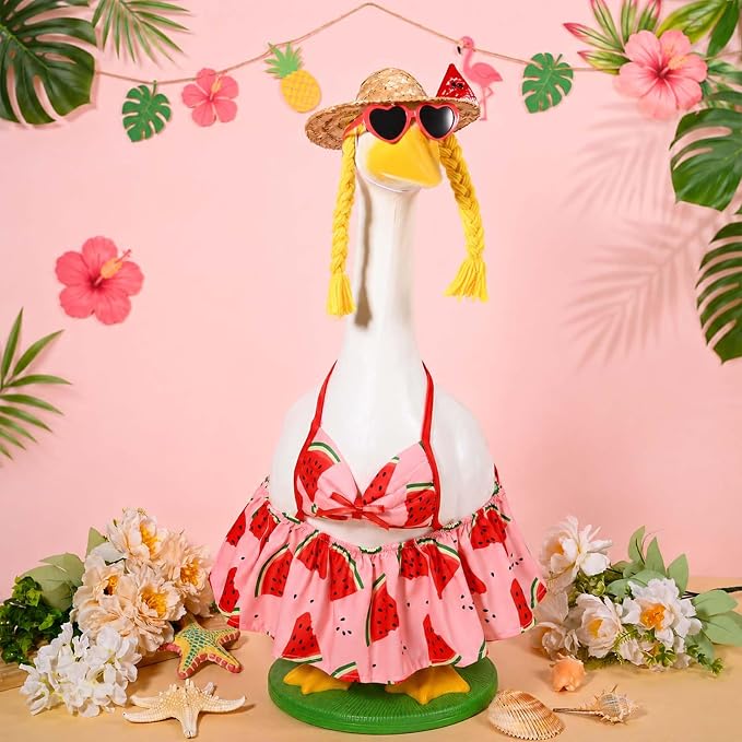JcHrmers Bikini Goose Outfit Summer Watermelon Porch Goose Outfits Hawaiian Lawn Goose Clothes Fits 23" Cement Plastic Goose Statue for Summer Outdoor Garden Yard Patio Art Decor