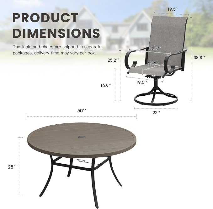 7 Pieces Patio Dining Set, 6 Outdoor Swivel Dining Chairs with 50" Round Metal Outdoor Dining Table with Umbrella Hole for Garden Backyard Deck, Grey
