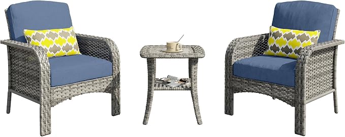 3 PCS Outdoor Patio Furniture Set with Side Table, All-Weather Rattan Wicker Outdoor Conversation Set with Thickened Cushions for Balcony Backyard Garden Lawn,Blue