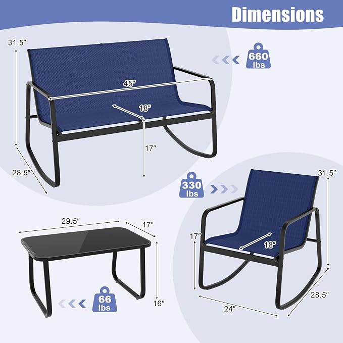 HAPPYGRILL 4 Pieces Patio Rocking Furniture Set with Loveseat, 2 Rocking Chairs & Glass-Top Coffee Table, Outdoor Porch Rocker Chair Conversation Set for Balcony, Poolside, Garden, Backyard (Navy)