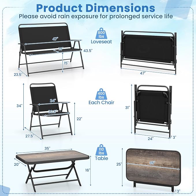 HAPPYGRILL 4 Pieces Folding Patio Conversation Set, Outdoor Furniture Set with SPC Coffee Table, Loveseat and Patio Chairs, Patio Bistro Sectional Set with Metal Frame for Garden, Deck and Backyard