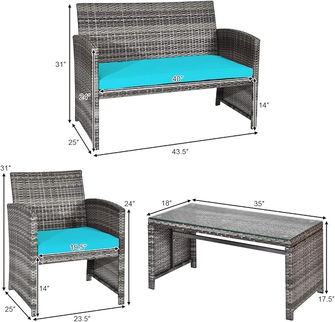 HAPPYGRILL 4 Pieces Patio Conversation Set with Soft Cushions Rattan Furniture Set with PE Wicker Coffee Table & Sofa Chairs for Garden Poolside Porch Backyard