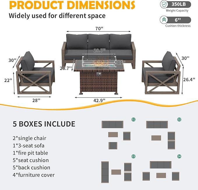 Amopatio Aluminum Patio Furniture Set with Fire Pit, 6 Pcs Metal Patio Sofa Sets with Glass Top Fire Pit Table, Modern Outdoor Furniture with 6" Cushion, Dark Grey (Included Waterproof Covers)
