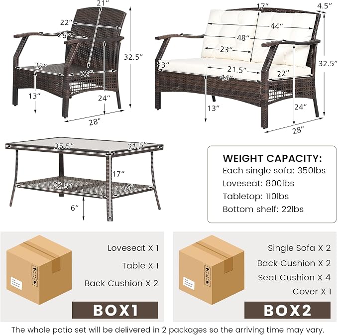 HAPPYGRILL 4 Piece Outdoor Rattan Conversation Set, Patio Rattan Sofa Set with Protective Cover, Soft Seat & Back Cushions, Patio Furniture Set with Sturdy Steel Frame