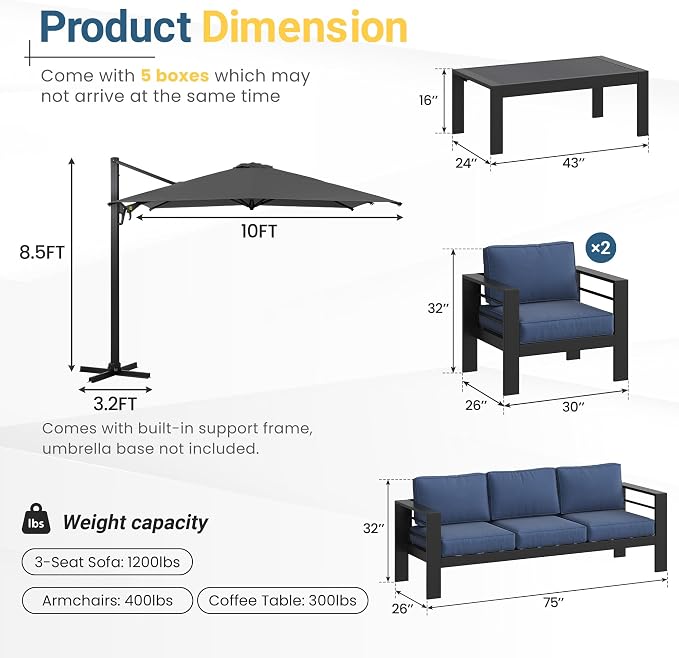 Wisteria Lane 5 Pieces Aluminum Patio Furniture Set with Umbrella, All Weather Oversized Outdoor Furniture Set with Deep Seat and Back Cushion, Patio Conversation Sets with Wide armrest, Blue & Gray