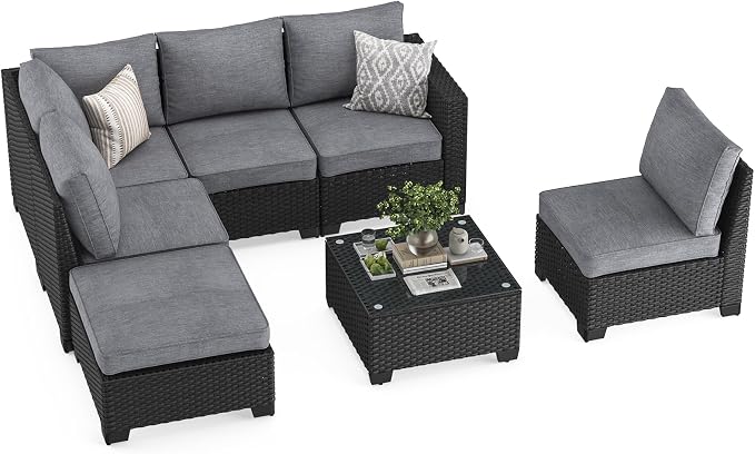 Soohow 7-Piece Patio Furiture Sofa Set, Outdoor Furniture with Corner Sofa, Ottoman, 3 Armless Chairs, One-Arm Sofa & Coffee Table, Water/Oil/Stain-Resistant Fabric (Dark Gray Cushion)