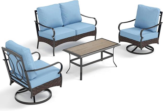 PHI VILLA Outdoor Porch Furniture Set, Upgraded Wicker & Metal Deep Seating Patio Furniture Conversation Set with Waterproof Thick Cushions for Balcony, Yard (4 Pieces,Blue)