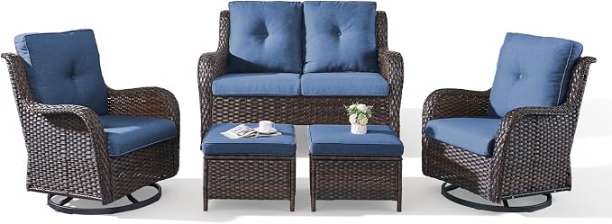 Belord 5 Piece Wicker Patio Furniture Set, Outdoor Swivel Rocker Chairs Set of 2 with Ottomans and Loveseat, All Weather Patio Conversation Furniture Set, for Porch Pool, Brown Wicker/Blue