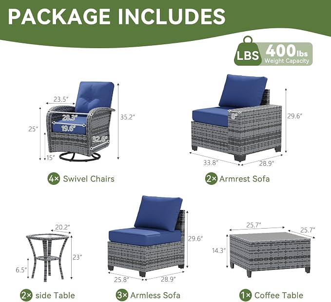 LazySunsets 12 PCS Patio Furniture Set, Outdoor Sectional All-Weather Wicker Conversation Set with Swivel Rocker Chairs, 4'' Thick Cushions for Backyard Poolside(Navy/Grey)