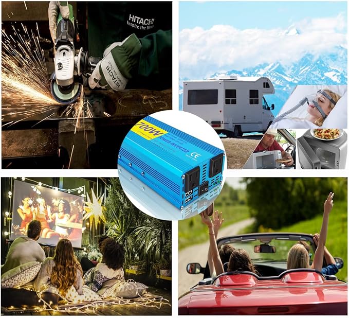 700W Pure Sine Wave Power Inverter DC 12V to 110V AC Converter, with 2 AC Outlets & 2 USB Ports, for Home/RV/Truck/Vehicle, Quieter & Cooler with Advanced Safety Protection