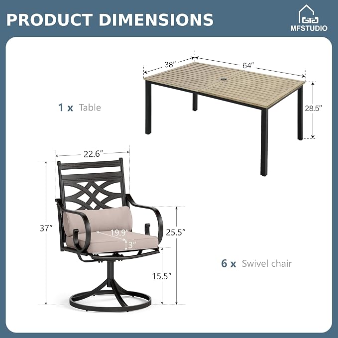 MFSTUDIO 7-Piece Patio Dining Set, 64" Wood-Look Table, Swivel Chairs | Umbrella Hole, Seats 6, All-Weather Use