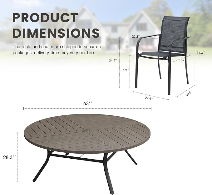 11 Pieces Outdoor Dining Set, Stackable Textilene Paito Chairs & 63.1" Round Dining Table with Umbrella Hole, Patio Dining Set for Backyard, Deck, Garden, Grey