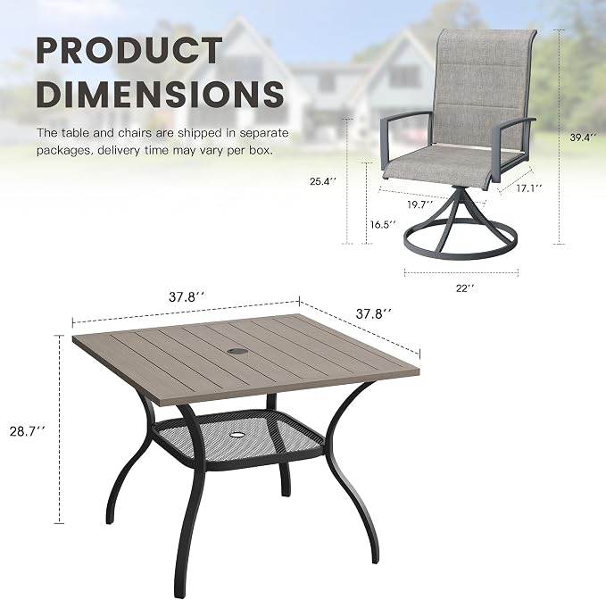 Outdoor Dining Set for 4, 37.8" Outdoor Dining Table with Umbrella Hole and Padded Textilene Patio Swivel Chairs, 5 Pieces Patio Table and Chairs Set for Garden Backyard, Grey