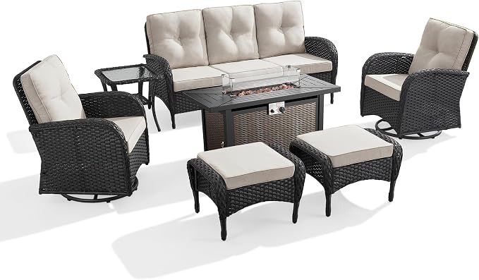 7 Piece Patio Furniture Set with Fire Pit Table - Wicker Patio Conversation Set with Swivel Glider, 3 Seat Sofa, Side Table and 2 Ottomans for Deck Backyard - Black Wicker Beige Cushion
