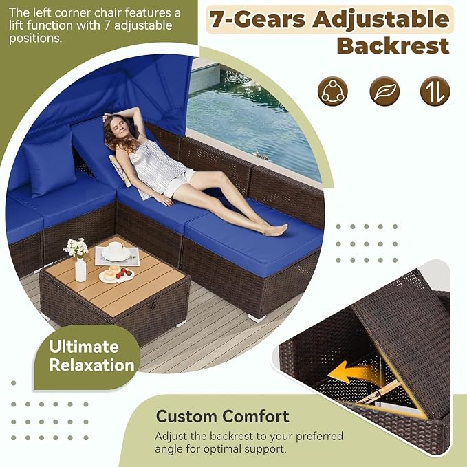6-Piece Outdoor Sectional Sofa Set with Retractable Canopy and Adjustable Backrest, Patio Conversation Set Rattan Garden Lounge Furniture for Backyard, Deck, Porch, or Balcony Seating(Blue)