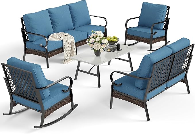 SUNSHINE VALLEY 5 Piece Metal Outdoor Patio Furniture Set, Patio Conversation Set with 3-Seater Sofa, Loveseat, 2 Rocking Sofa (5.75" Thick Cushion) & Coffee Table Black Backyard Furniture, Denim Blue