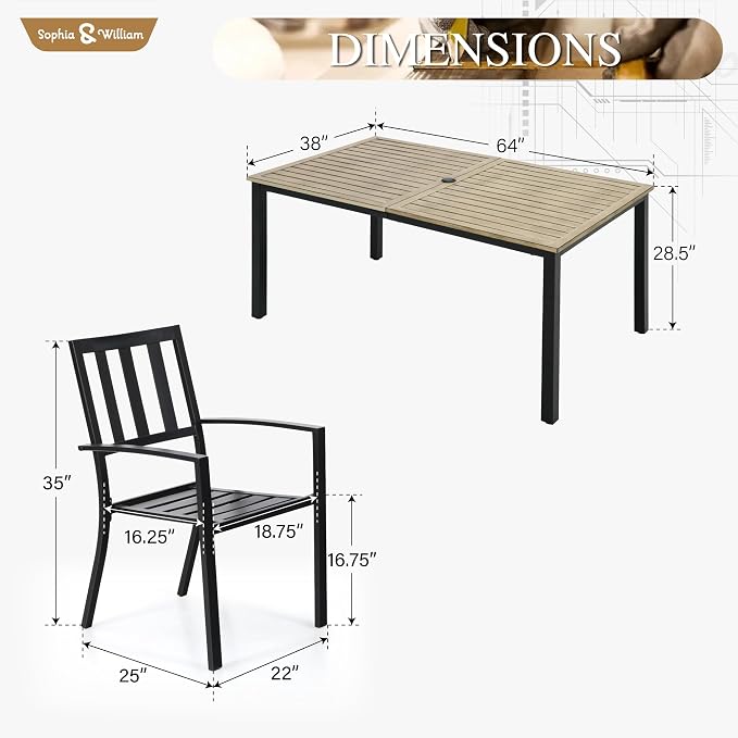 Sophia & William 7 Piece Patio Dining Set Outdoor Table and Chairs Metal Patio Table Furniture Set with Large Rectangular Dining Table for 6 Person and Stackable Outdoor Chairs Support 300LBS (Balck)