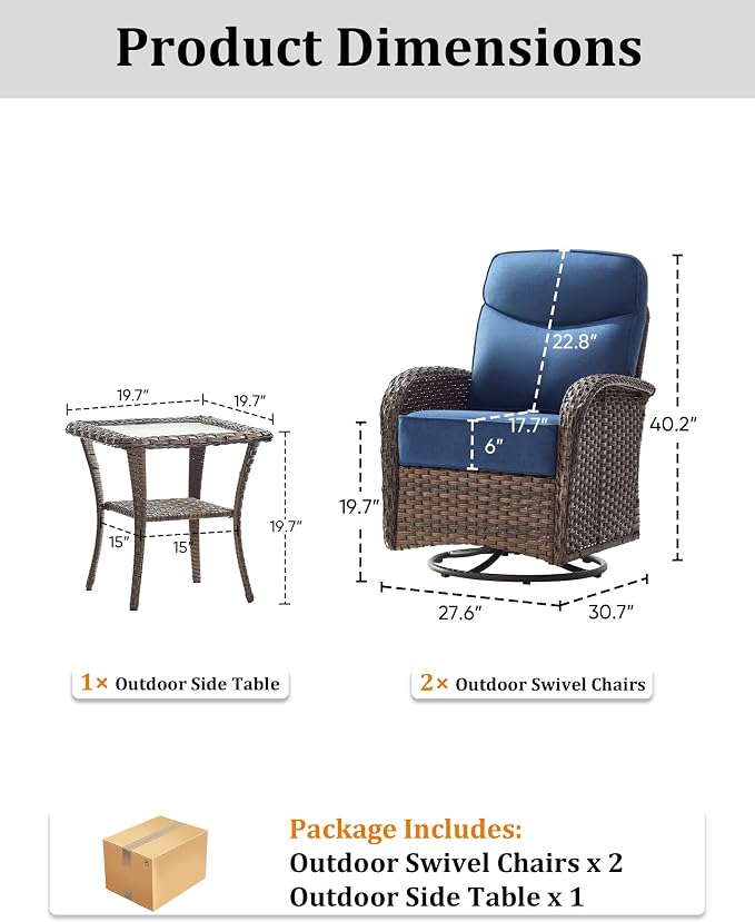 3-Piece Luxury Patio Conversation Set with 6-Inch Thick Cushions, High-Back Outdoor Swivel Rocking Chairs & Side Table, All-Weather Furniture Set for Porch, Deck, Balcony or Backyard – Blue