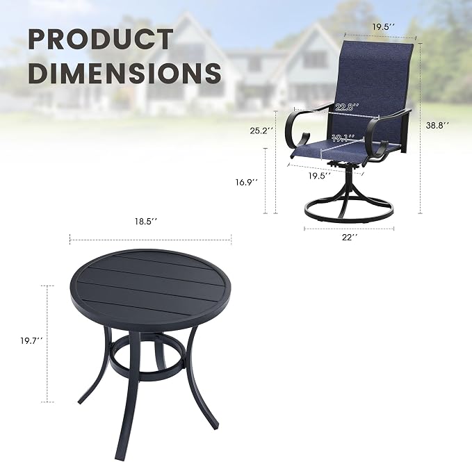 3 Pieces Patio Dining Set, 2 Outdoor Swivel Dining Chairs with 18.5" Round Outdoor Dining Table, All Weather Textilene Patio Chairs and Metal Table for Garden Backyard, Dark Blue & Black