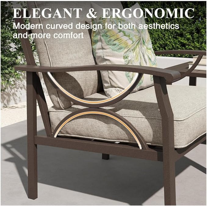 Hassyee 2 Pieces All-Weather Metal Outdoor Conversation Set with Coffee Table and Removable Cushions for Balcony, Patio Furniture Set with Modern Curved Design for Backyard, Lawn (3-seat Sofa)
