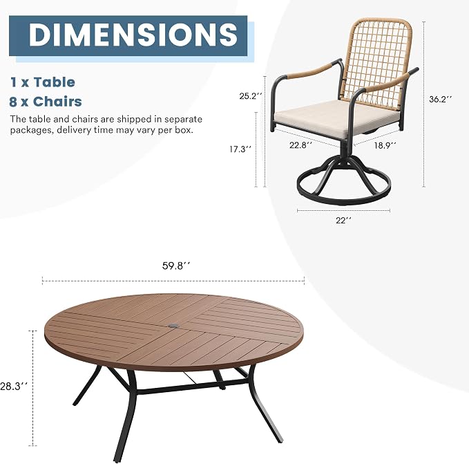 DIFY 9 Pieces Outdoor Dining Set, Metal Patio Table and Chairs Set for 8, 59.8" Round Dining Table with Umbrella Hole & Wicker Swivel Patio Chairs with Cushions, Walnut Tabletop