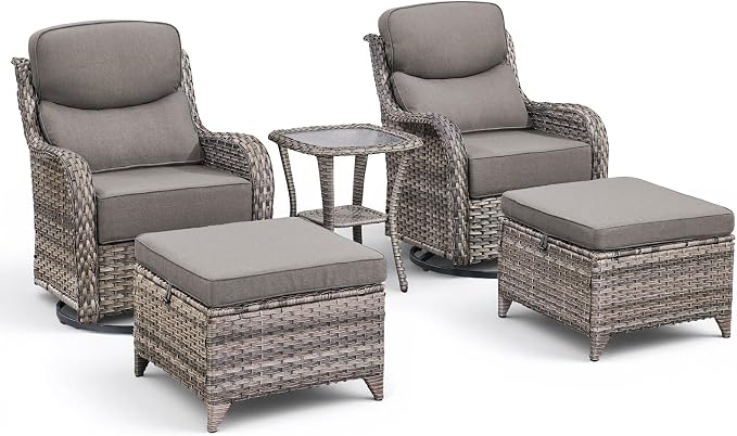Luxury 5 Pieces Outdoor Patio Furniture Set-All Weather Wicker Outdoor Furniture with Swivel Rocker Patio Chairs 6-inch Extra Thick Cushions Wicker Conversation Set for Garden Porch(Grey/Grey)