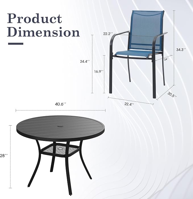5 Pieces Outdoor Dining Set, Stackable Textilene Paito Chairs & 40.6" Round Dining Table with Umbrella Hole and Shelf, Patio Dining Set for Backyard, Deck, Garden, Dark Blue & Black