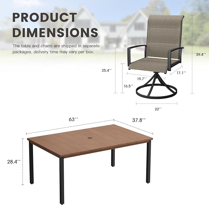 Outdoor Dining Set for 6, 63" Outdoor Dining Table with Umbrella Hole and Padded Textilene Patio Swivel Chairs, 7 Pieces Patio Table and Chairs Set for Garden Backyard, Mixed Brown and Walnut