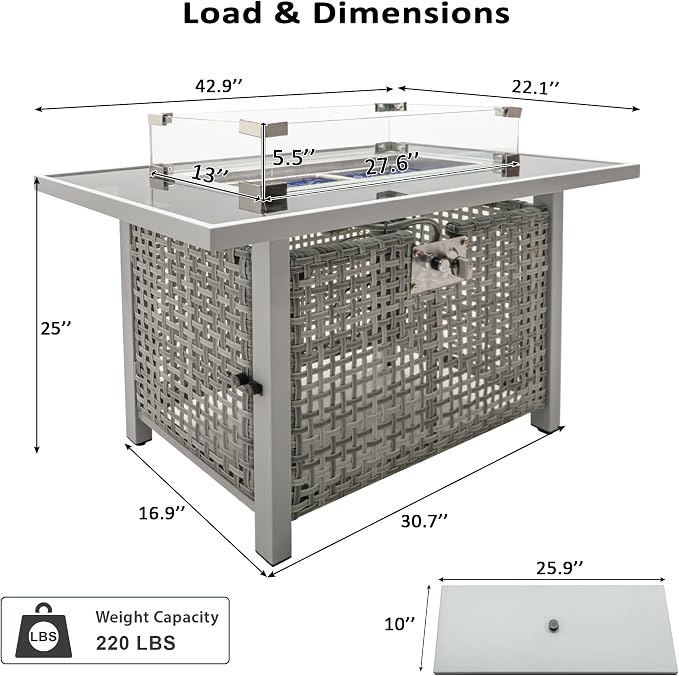 43" Propane Gas Fire Pit Table, 60000 Btu Rectangular Open Weave Wicker Fire Pit with Glass Wind Guard for Outside Patio Deck Garden Backyard - Grey