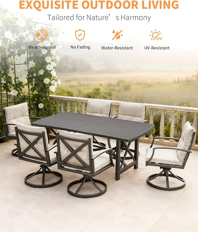 7 Pieces Outdoor Dining Set, Never-Rust Aluminum Patio Dining Set for 6, Outdoor Furniture Set, Patio Table and 6 Swivel Rocker Chairs for Deck, Garden, Backyard, Poolsides, Gunmetal