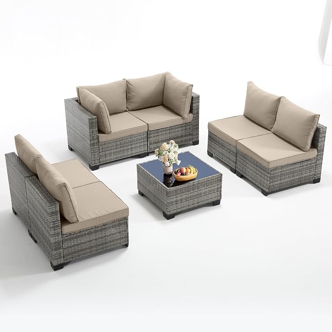 7-Piece Outdoor Patio Furniture Set, Gray PE Rattan Sectional Sofa with Dark Khaki Cushions and Steel Frame, Coffee Table Included, Modular Outdoor Conversation Set for Patio Garden Poolside