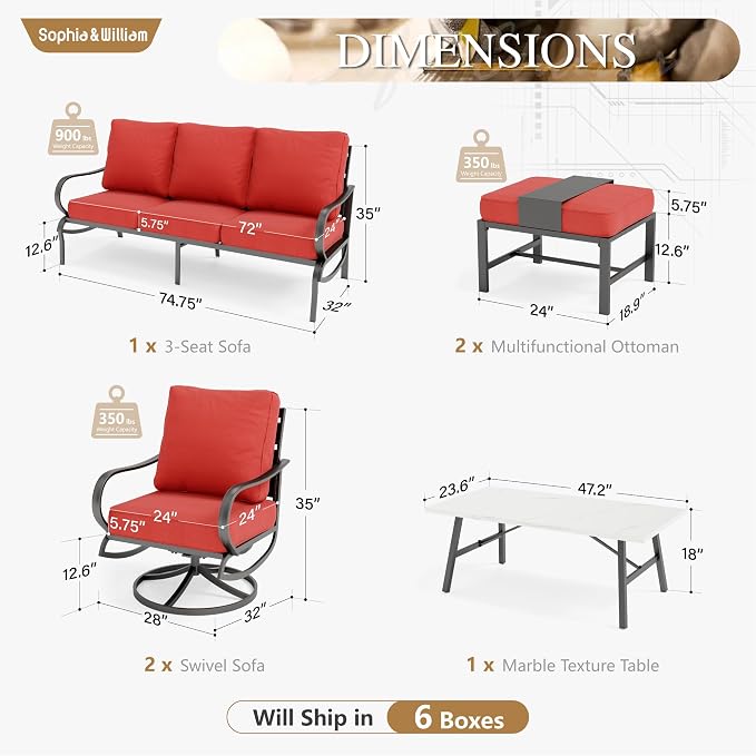 Sophia & William Patio Furniture Sets 7 Seats Outdoor Conversation Set 6 Pcs,2 x Cushioned Swivel Sofa Chairs,1 x 3-Seat Sofa,2 Ottomans, Marbling Metal Coffee Table Patio Backyard Poolside Red