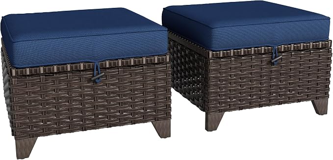2 Pieces Patio All-Weather Wicker Ottomans with Cushions, PE Rattan Outdoor Conversation Furniture Set for Backyard, Deck, Lawn (Navy Blue)