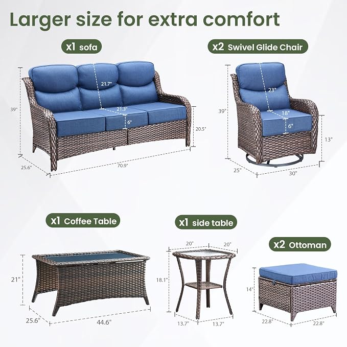 Luxury Patio Furniture Set 7pcs with 6-inch Cushion, Outdoor Furniture with Coffee Table, Swivel Chairs, Sofa, Side Table, Ottomans, Patio Set for Deck Yard and Poolside Brown Wicker | Blue Cushions
