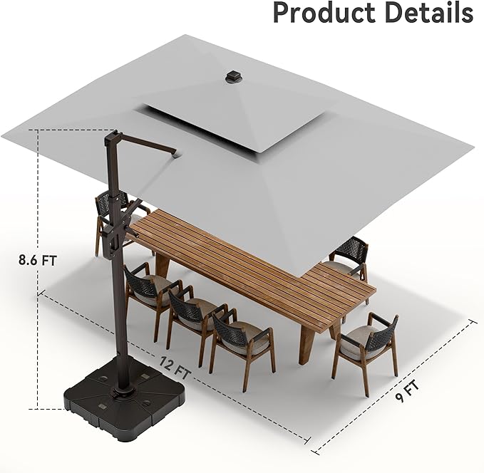 9' X 12' Cantilever Patio Umbrella with Led Lights Double Top Rectangular Outdoor Large Offset Umbrellas with 7 Tilts Adjustable 360°Rotation for Deck Pool Garden Backyard, Fog Grey