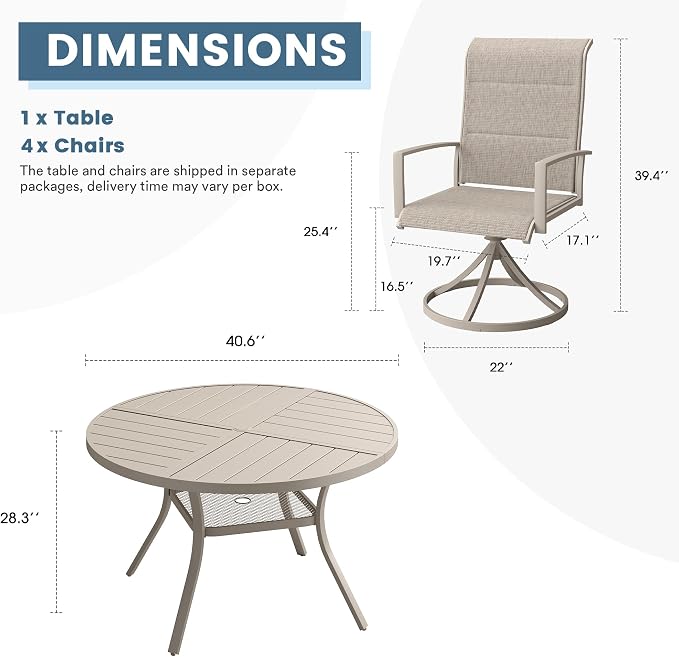 DIFY 5 Pieces Outdoor Patio Dining Set, 4 Sandshell Padded Textilene Swivel Dining Chairs and 40.6" Sandshell Round Metal Dining Table, Outdoor Table and Chairs for Poolside Backyard Deck